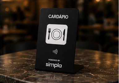 Plaqueta de cardápio sobre uma mesa de mármore escuro