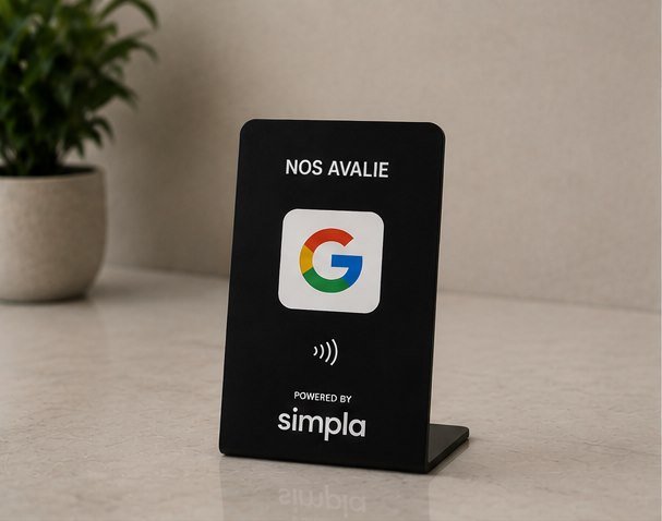 Plaqueta Simpla com a chamada Nos avalie e o ícone do Google